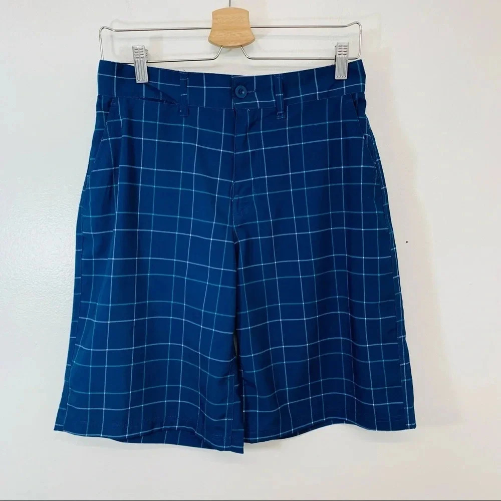 OP Flex 4 Way Stretch Shorts Men 28 Plaid Blue Pockets 9” Comfort Travel Casual‎